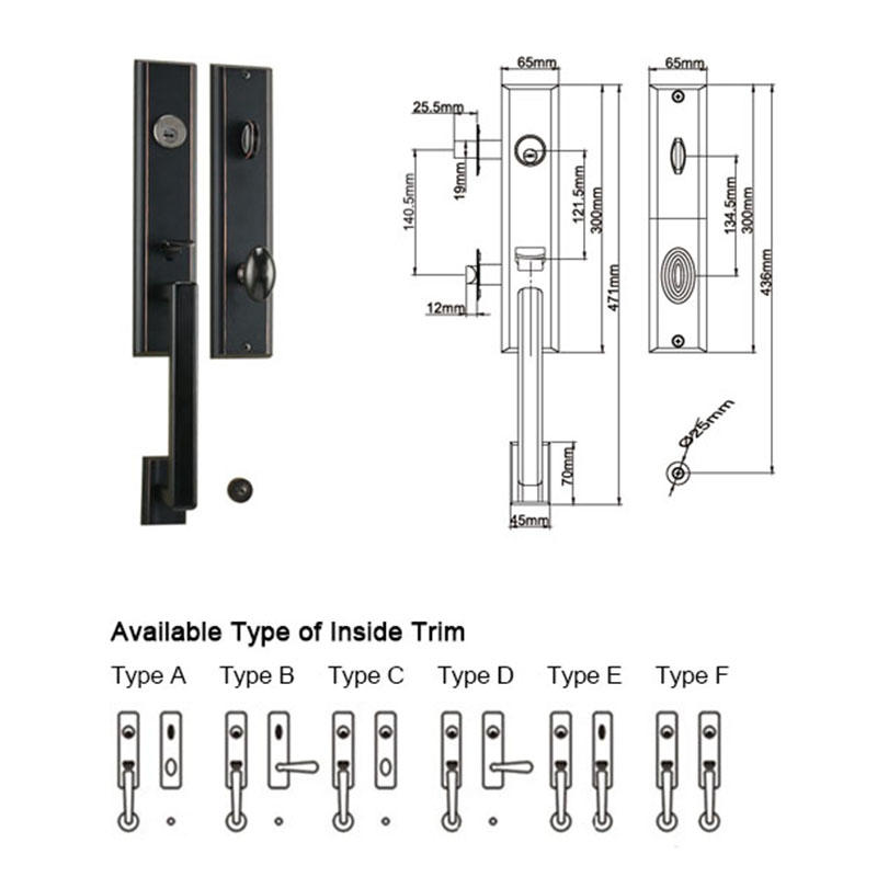 Black Color Zinc Alloy Plain Modern Style Big Handle Door Lock-2