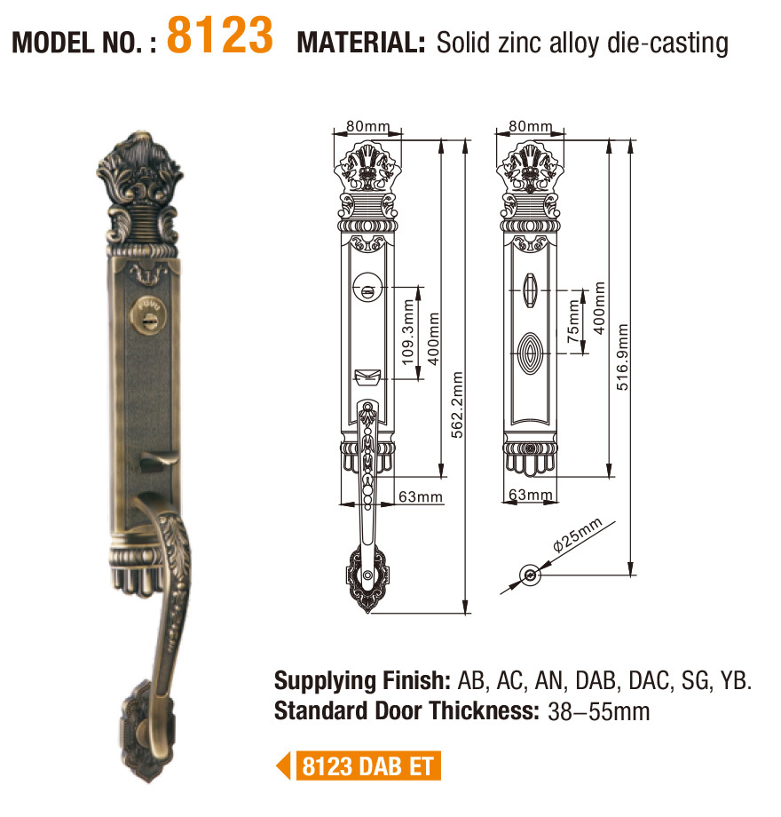 FUYU long zinc alloy mortise door lock with latch for indoor